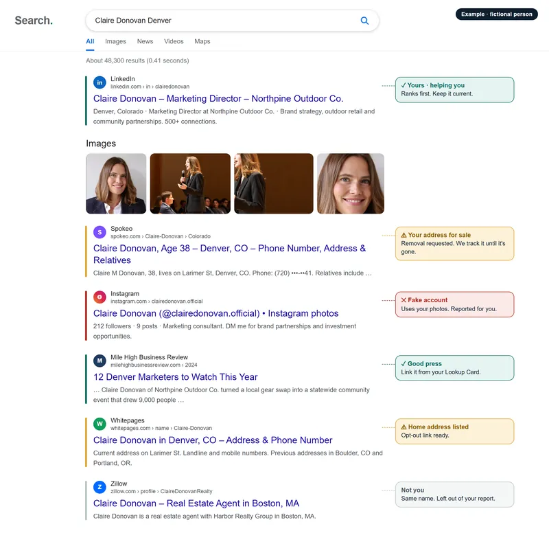 Sample search results for a fictional person, Claire Donovan, with each result labelled by Lookup: LinkedIn helps, Spokeo and Whitepages listings expose her address, an Instagram account is fake, and a Zillow agent is someone else