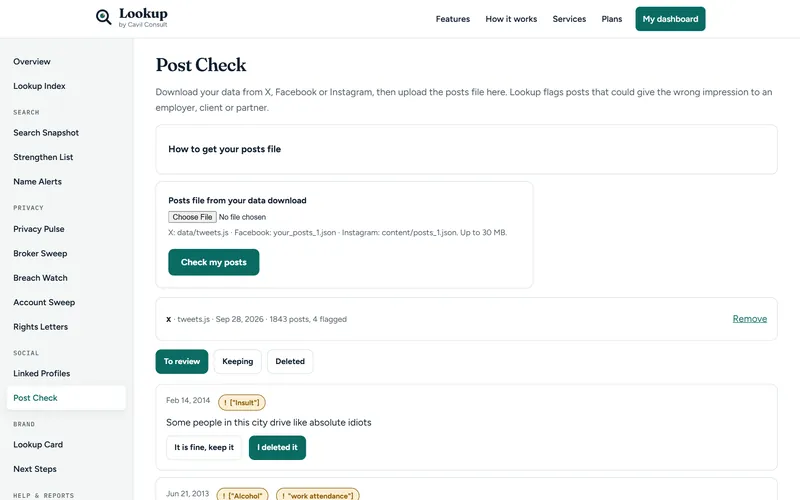 Post Check flagging old posts about work, drinking and insults