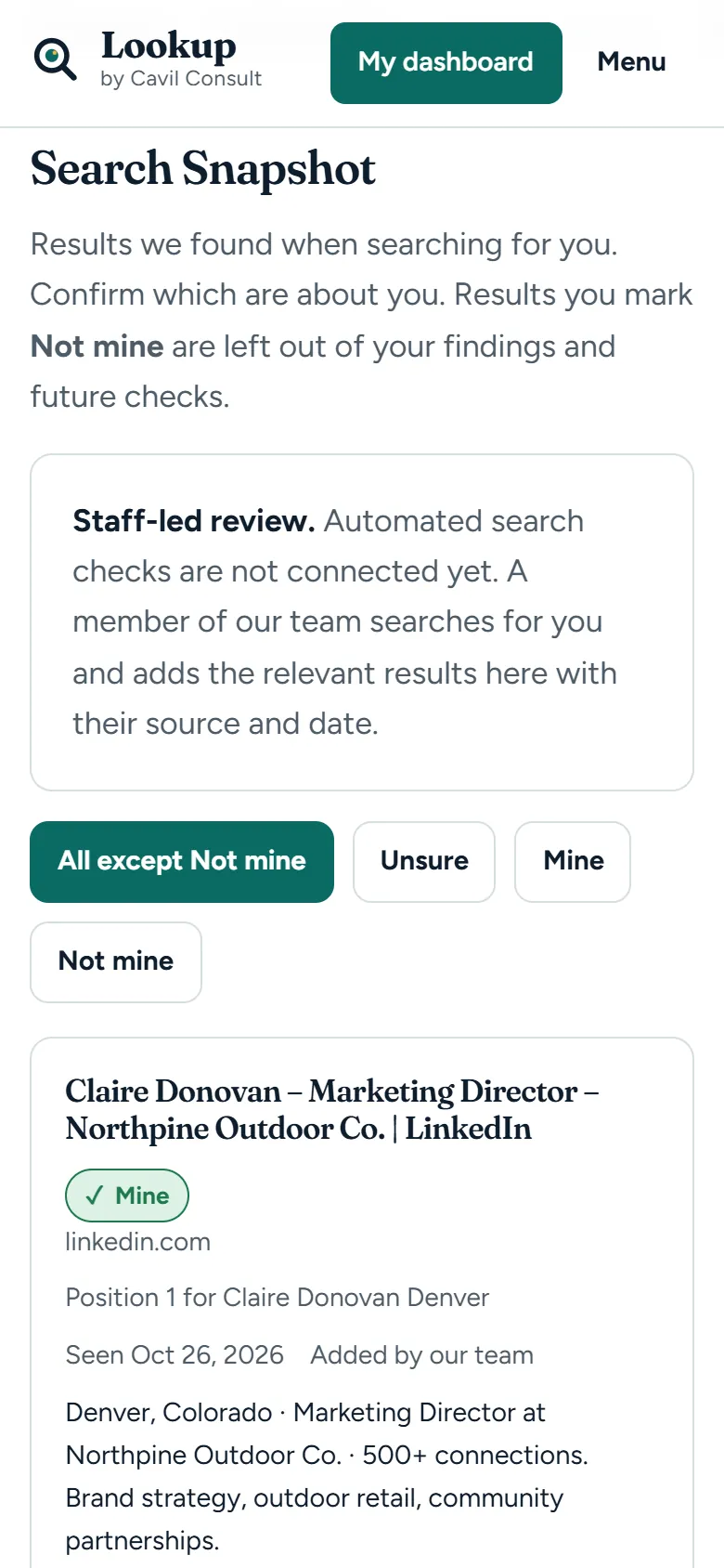 Search Snapshot on a phone: each result marked mine or not mine and rated