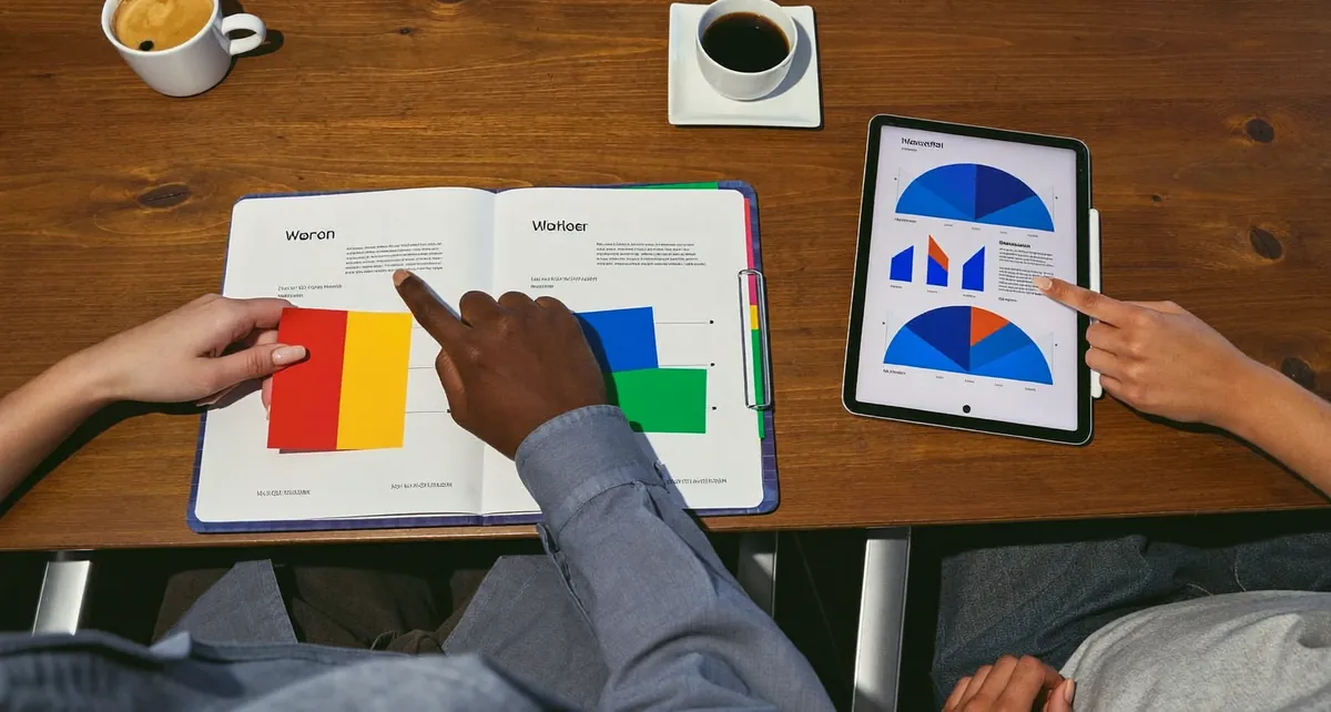Team going through a printed report and charts at a meeting table